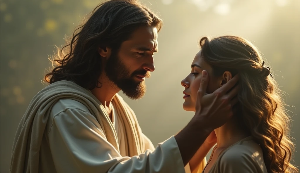 jesus (Jonathan Roumie) Helping a person remove a sad mask from their face
