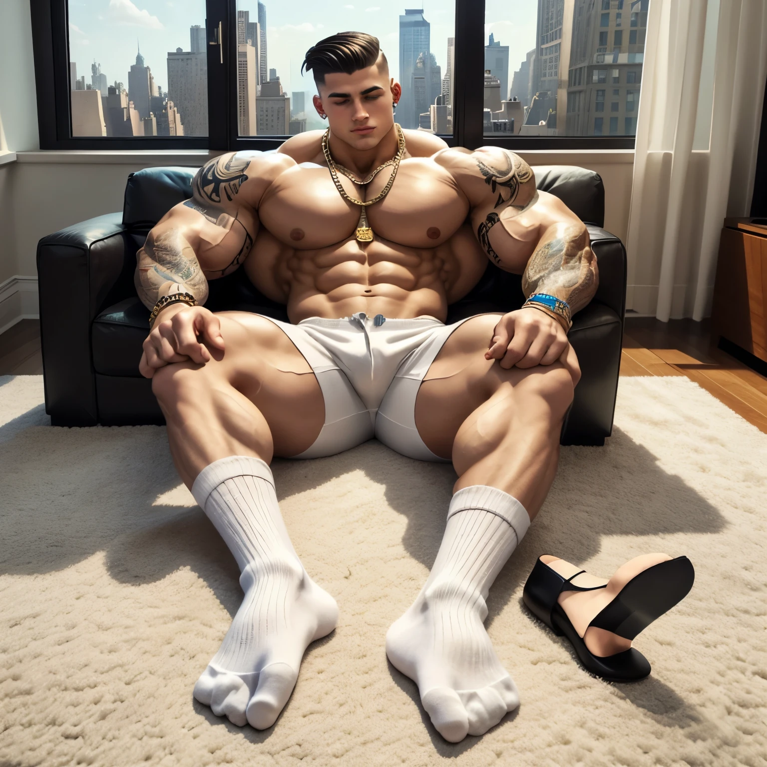 full view full body, one white european muscular boy with hyper clean shaved undercut haircut, with lots of tattoos and piercings, golden rings, bracelets, necklaces, with very over-swagg apparence, totally swaggy, beaten, broken teeth, sprawled on the floor, asleep in white torn socks , no shoes, showing off white torn socked feet, in his rich appartment with view on 5th avenue, New york