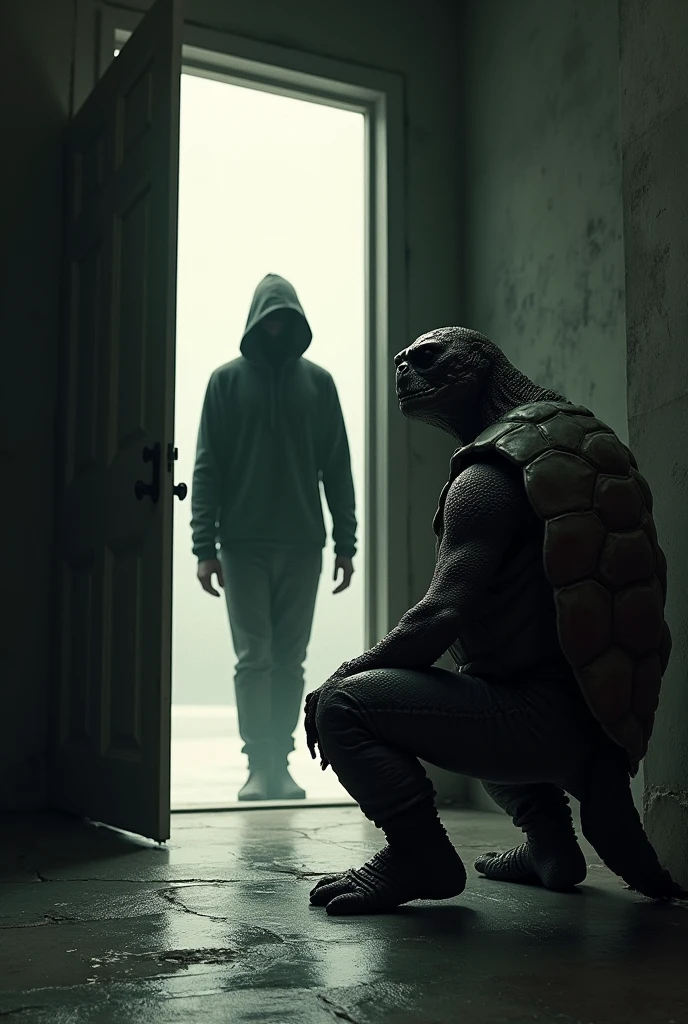 A person slips into the frame, and the turtle man wants to see the whole body.