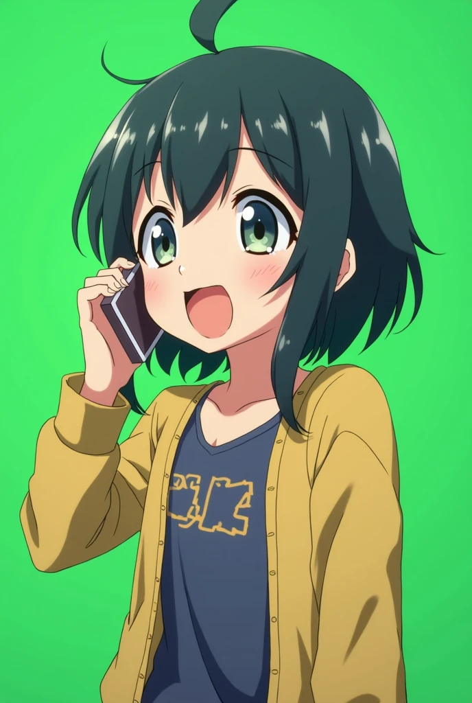 A anime character talking in phone. And make it green screen 