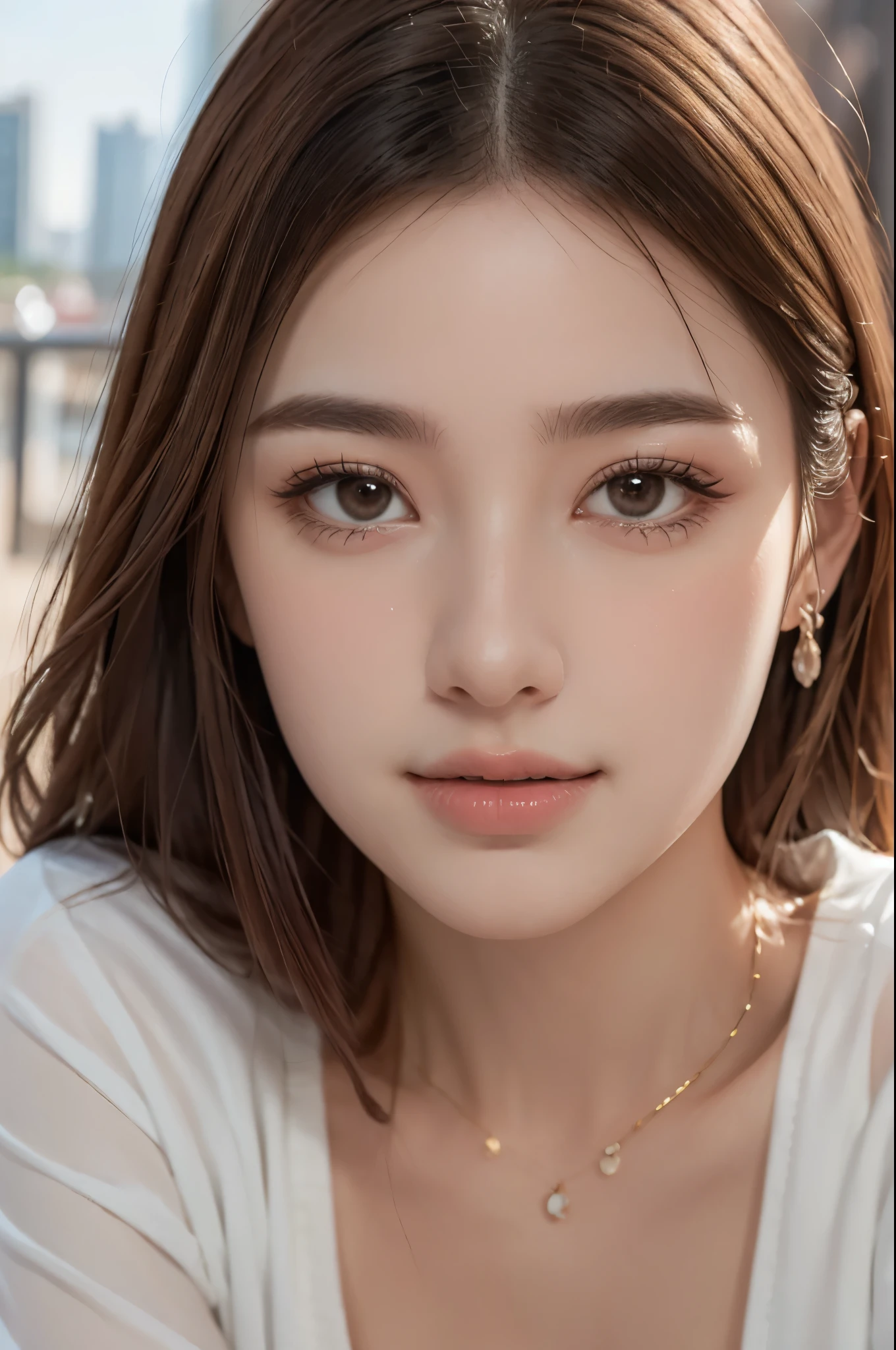 masterpiece, Highest quality, 8k, disorganized person, (Upper Body:1.4), White shirt, Beautiful girl, Beautiful face, Looking at the audience, smile, Ultra-realistic, High resolution, picture, The focus was clear, High resolution, Face Light, Dynamic Lighting, Cinema Lighting, Professional Shadow, Beautiful cityscape background, Best details, Very detailed, Super detailed, Finely detailed, Real Skin, Delicate facial features, Detailed face and eyes, Sharp pupils、Realistic students