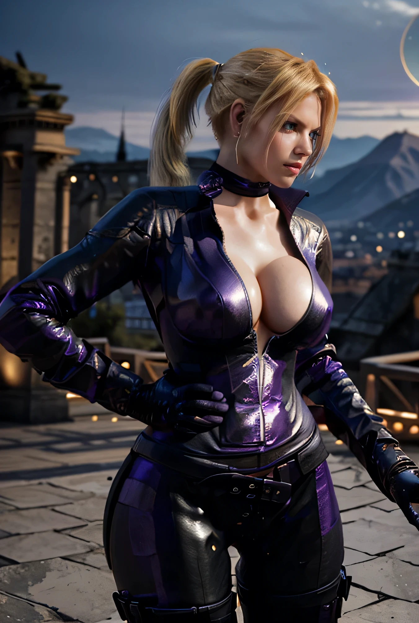 Thirty-year-old woman, 170 cm tall, ((((( female　european assassin　))))), model-like beauty, perfect features, ((((wearing in purple body suits)))), (((gold ponytail ))), .Large exposed, (((((large breasts:1.2))))),  England castle in the background, standing on the castle, (((((dynamic pose:1.1))))), (((high quality:1.1))), (((high resolution:1.1))), (((realistic:1.2))), ((((Detailed description:1.1)))), slim waist, plump upper body, plump lower body, perfect arms, perfect collarbone, perfect fingers, perfect five fingers, perfect hands, perfect limbs, perfect hips, Perfect butt, perfect thighs, perfect legs, movie lighting