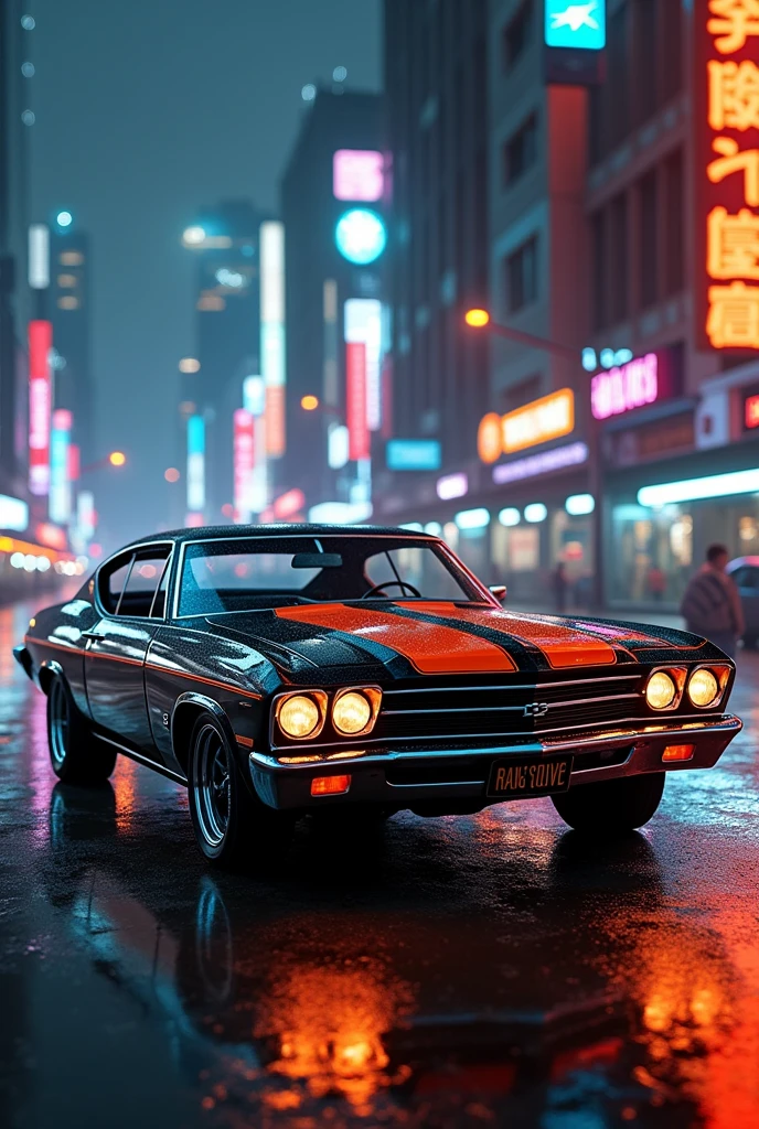 Black and ogrange chevrolet impala in the neon city
