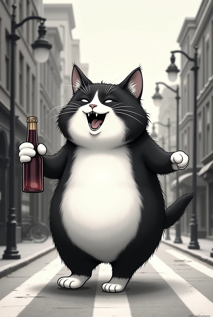 A black and white chubby cat with a bottle of alcohol is happily walking down the street drunkenly singing music