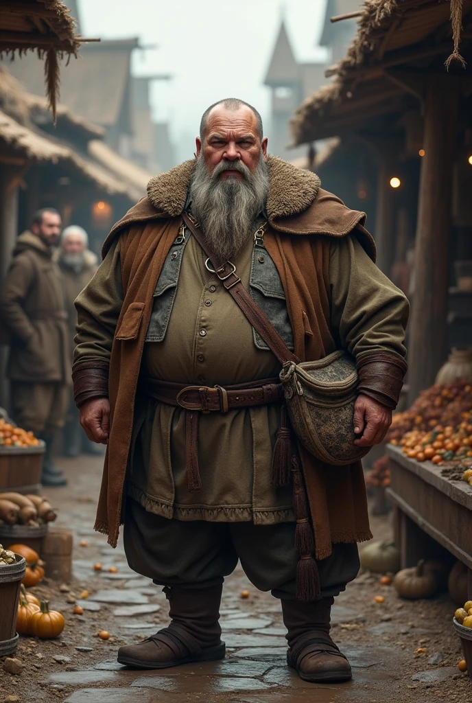 Make a medieval middle-aged merchant. He's unattractive but still masculine, overweight. Pale, Scandinavian complexion.