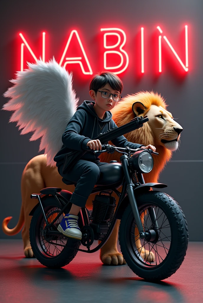 Create a 3D illustration for a profile picture where a 2 smart boy in a black jacket sitting casually on a bike. With a rifle on hand. And a ferocious Lion by my side. Wearing sneakersm He looks ahead. The Background features "NABIN  " in big and capital red neon light fonts on the dark grey wall. There should not be his shadow, and there are wings to make it appear as if he is an angel.
