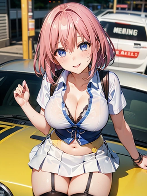 pink hair, short twintails, hair bobbles, star hair ornament, asymmetrical bangs, , purple eyes,  1girl, solo, large breasts., crying , nipple,　Expressway, Riding a bike