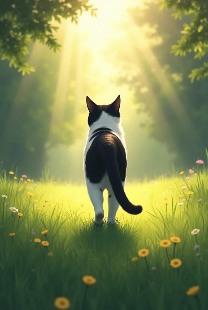 wallpaper, A cat walking towards me、 The cat&#39;s fur is black and white, Daylight Saving Time, Short green grass,  short fur, close your eyes, Peaceful atmosphere, perspective, atmospheric high resolution, Highest quality, Attention to detail, 