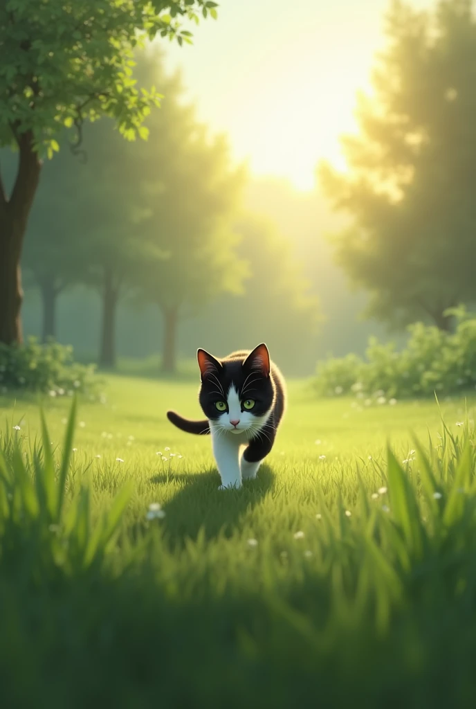 wallpaper, A cat walking towards me、 The cat's fur is black and white, Daylight Saving Time, Short green grass, short fur, close your eyes, Peaceful atmosphere, perspective, atmospheric high resolution, Highest quality, Attention to detail,