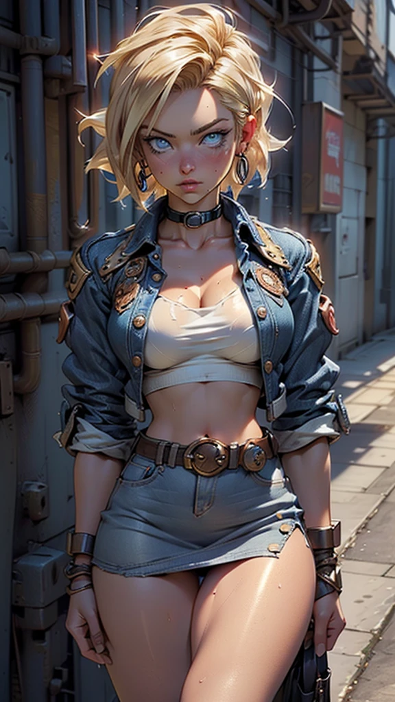 (((Android-18 from Dragon Ball Z))),Android 18,girl,(((1girl))),
(large breasts:1.4),saggy breasts,(((very straight short blonde hair,))),(((blue_eyes:1.3))),intricate eyes,beautiful detailed eyes,symmetrical eyes,big eyes:1.3,((fat)),(((lustrous skin:1.5,bright skin: 1.5,skin tanned,shiny skin,very shiny skin,shiny body,plastic glitter skin,exaggerated shiny skin,illuminated skin,wet legs))),(spider lower abdomen,narrow waist,wide hip,athletic body,inflated legs, thick thighs,detailed body,(detailed face)),big ass, thick thighs, slim curves, good anatomy,thick legs,
cute,slutty,seductive,erotic,(nsfw),stern facial expression,frown
((wearing a blue denim jacket and a shirt cropped white, open denim jacket,open clothes,open jacket,cleavage,collar bone,crop top)),((long sleeves,white sleeves,striped sleeves)),(midriff,navel),belt,(((blue jean skirt lifted,blue skirt,miniskirt))),,earring,
(dynamic pose:1.0),solo focus,,(centered,scale to fit dimensions,Rule of thirds),
((steampunk,industrial revolution)),scenery:1.25,((intricate scenery)),((steampunk, background)),
(Glossy steampunk ornaments),highres,sharp focus,(ultra detailed,extremely detailed),(photorealistic artwork:1.37),(extremely detailed CG unity 8k wallpaper),(((vibrant colors,vibrant theme))),(intricate),(masterpiece),(best quality),artistic photography,(photography taken by sldr),(intricate background),perfect rendered face,perfect face details,realistic face,photo realistic,((intricate detail)),(((realism))),