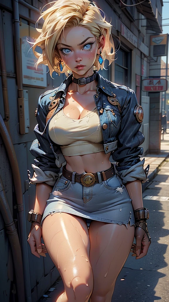 (((Android-18 from Dragon Ball Z))),Android 18,girl,(((1girl))),

(large breasts:1.4),saggy breasts,(((very straight short blonde hair,))),(((blue_eyes:1.3))),intricate eyes,beautiful detailed eyes,symmetrical eyes,big eyes:1.3,((fat)),(((lustrous skin:1.5,bright skin: 1.5,skin tanned,shiny skin,very shiny skin,shiny body,plastic glitter skin,exaggerated shiny skin,illuminated skin,wet legs))),(spider lower abdomen,narrow waist,wide hip,athletic body,inflated legs, thick thighs,detailed body,(detailed face)),big ass, thick thighs, slim curves,   good anatomy,thick legs,

cute,slutty,seductive,erotic,(nsfw),stern facial expression,frown

((wearing a blue denim jacket and a shirt cropped white, open denim jacket,open clothes,open jacket,cleavage,collar bone,crop top)),((long sleeves,white sleeves,striped sleeves)),(midriff,navel),belt,(((blue jean skirt lifted,blue skirt,miniskirt))),,earring,

(dynamic pose:1.0),solo focus,,(centered,scale to fit dimensions,Rule of thirds),

((steampunk,industrial revolution)),scenery:1.25,((intricate scenery)),((steampunk, background)),

(Glossy steampunk ornaments),highres,sharp focus,(ultra detailed,extremely detailed),(photorealistic artwork:1.37),(extremely detailed CG unity 8k wallpaper),(((vibrant colors,vibrant theme))),(intricate),(masterpiece),(best quality),artistic photography,(photography taken by sldr),(intricate background),perfect rendered face,perfect face details,realistic face,photo realistic,((intricate detail)),(((realism))),