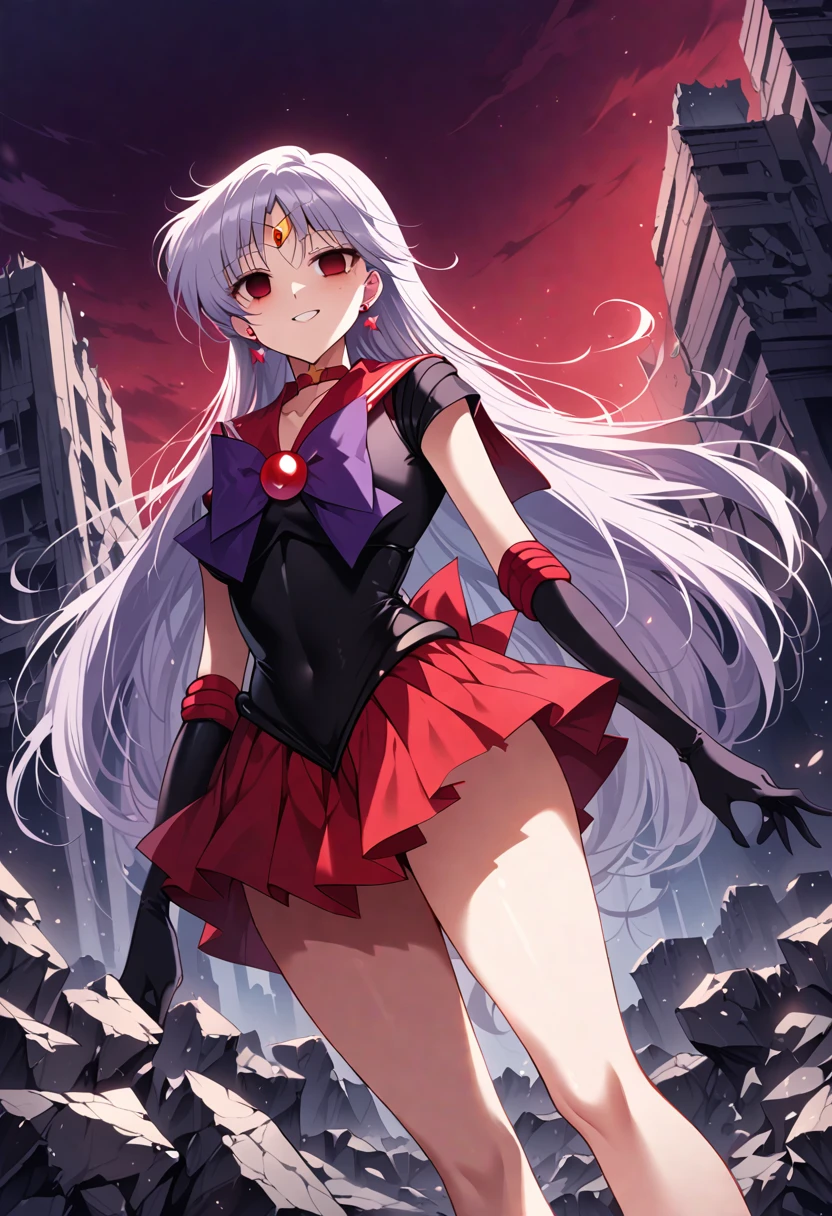 (masterpiece, Highest quality, so beautiful, Very detailed), Intricate details, 12k, Honestly, aamars, long hair, tiara, earrings, red choker, red sailor collar, purple bowtie, (black shirt:1.1), elbow gloves, black gloves, pleated skirt, red skirt, bare legs, Are standing, ful body,,(Wicked Smile:1.2), one person,(Silver Hair:1.4),(empty eyes,:1.4),From below,Watching the dawn,,View your audience,(red eyes:1.2),(Destroyed City),(Put one foot on the rubble:1.2)