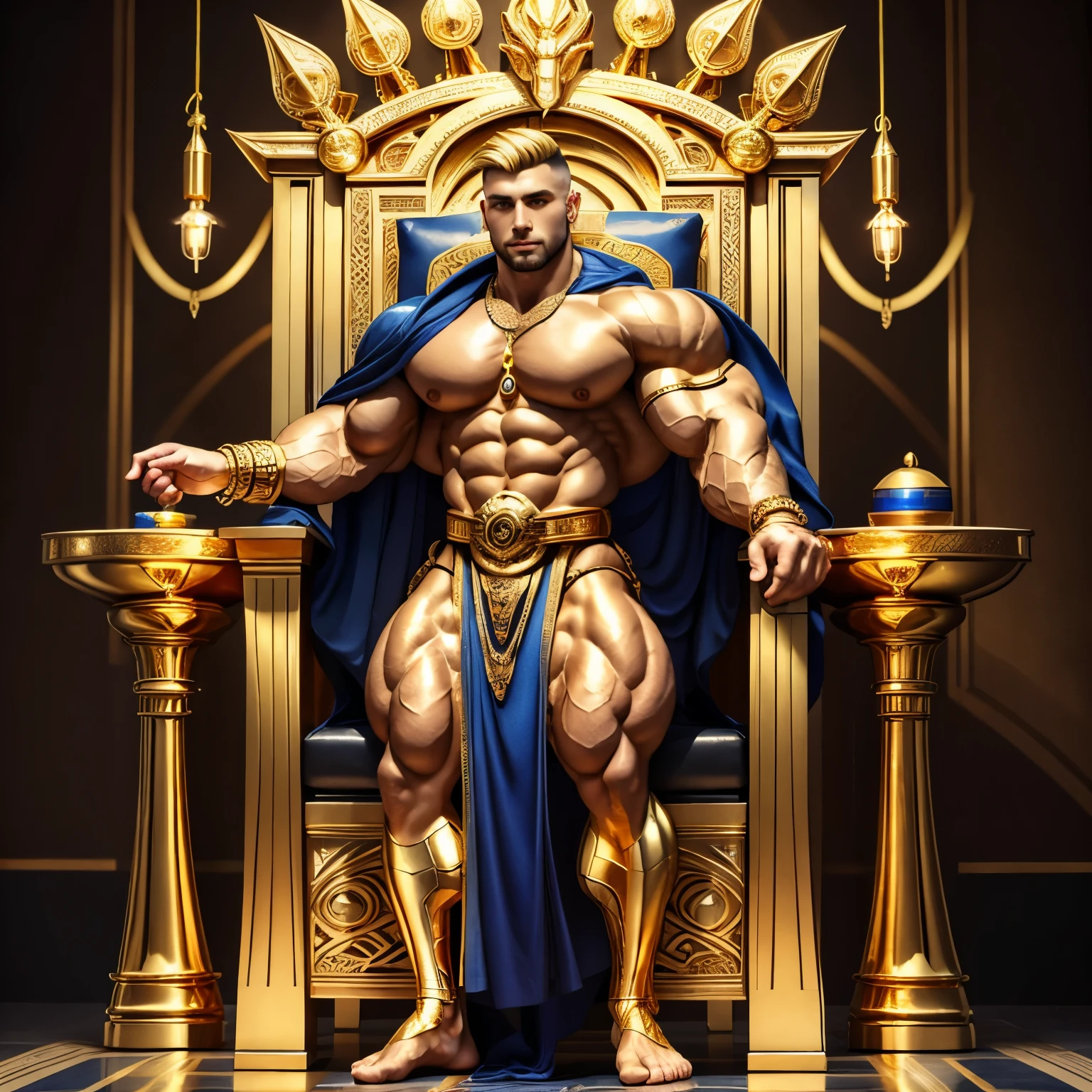 full body view, a muscular white european over-bodybuilded handsome man with undercut clean haircut of his brown and gold blonde streaks haircut, in Neo-Byzantine Futurist style, golden socks, indigo and gold clothing, gold rings, necklaces, bracelets, piercings, with gold and indigo futuristic mosaics behind the golden and lapis lazuli throne on whith he's swallowed, looking boring 