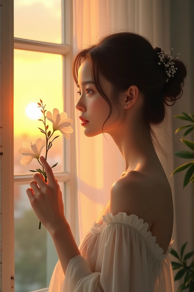 A beautiful, elegant girl holds a lily branch and looks at the sunset through the window.