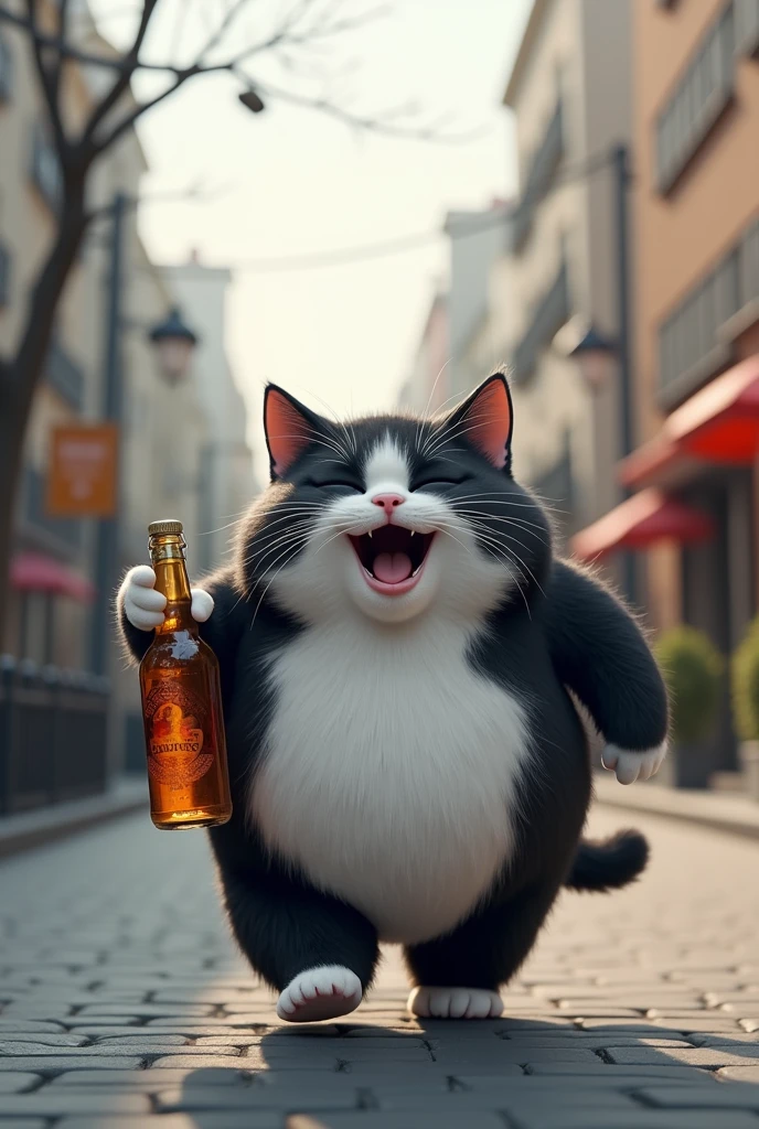 A black and white chubby cat with a bottle of alcohol is walking happily on the street drunk and singing music 3d