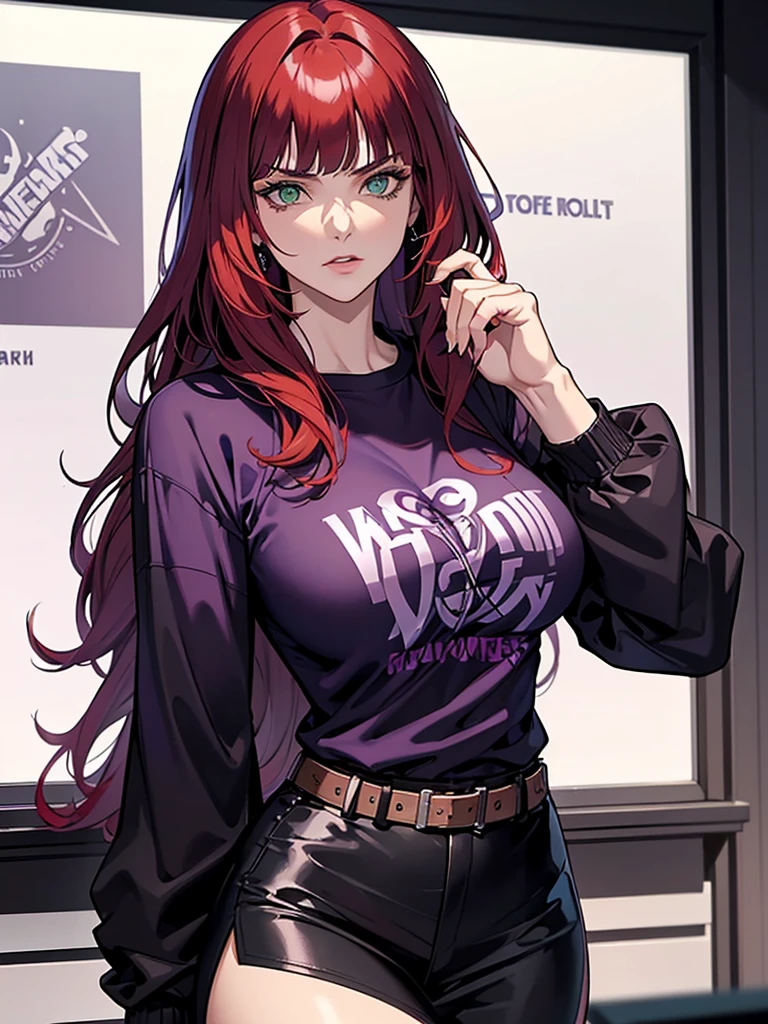 green eyes, red hair with long bangs, noble. wavy long hair. strong woman. she quiet. wear purple and black t shirt. dominant woman. mafia. mature woman. girl boss. badass woman. gangster. hair so long have bangs. gangster. wear purple t shirt and long white jacket laboratory