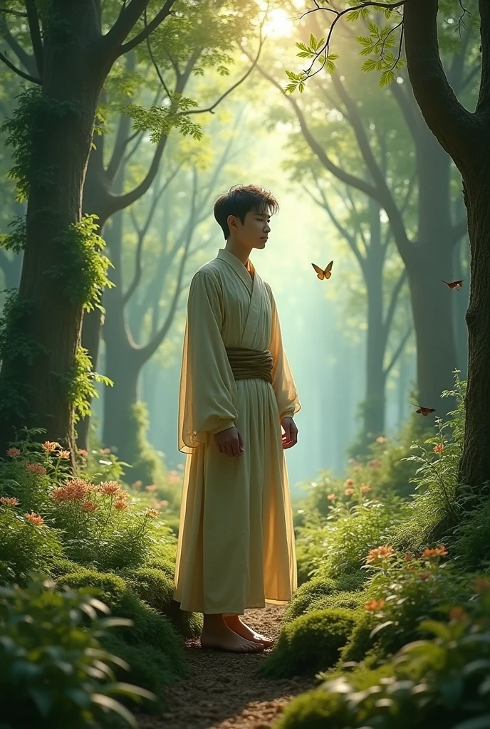 BTS's Kim Namjoon in the middle of a forest full of flora and fauna with the attitude of a forest guardian spirit
