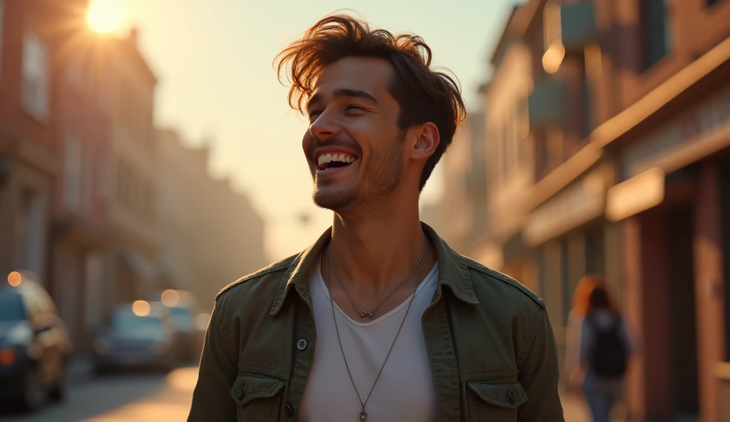 Create 20 years old a very good looking boy standing, he is laughing, 8k very ultra realistic, cinematic vibe