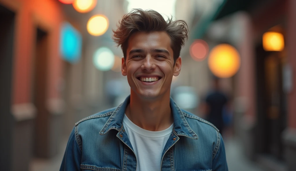 Create 20 years old a very good looking boy standing, he is laughing, 8k very ultra realistic, cinematic vibe 