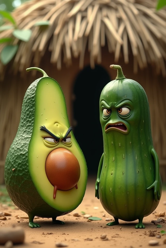 An angry-faced avocado with a sad-faced cucumber (They were dating but the avocado ended it) This scene must be in front of a straw hut