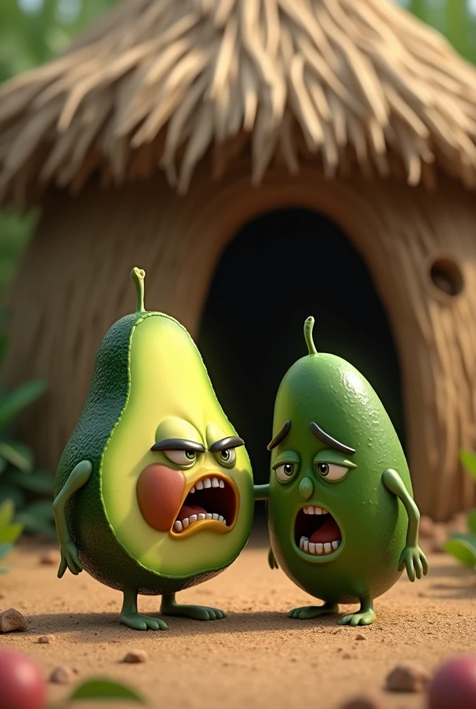 An angry-faced avocado with a sad-faced cucumber (They were dating but the avocado ended it) This scene must be in front of a straw hut