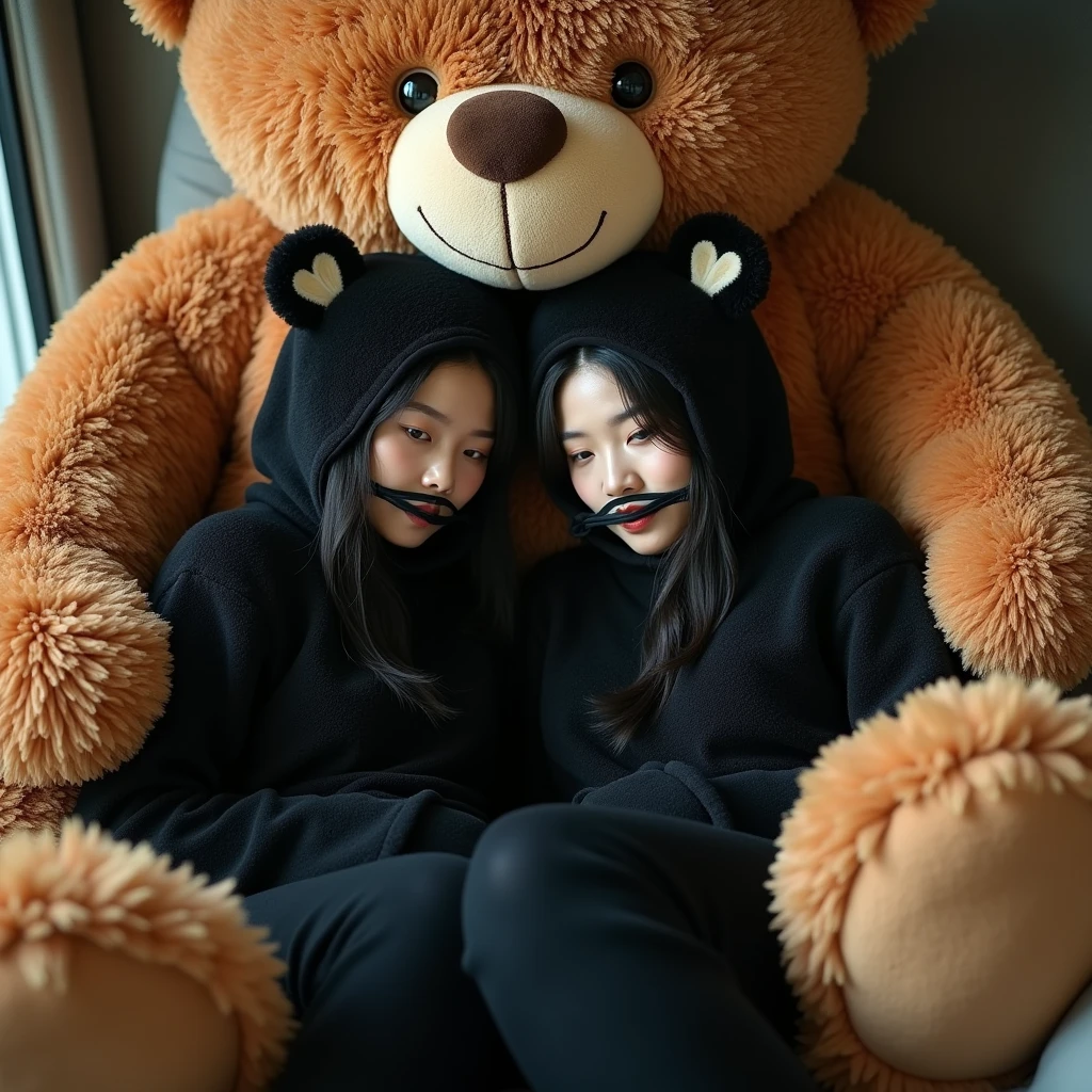 A 2 beautiful Asian woman is wearing a black bear kigurumi costume is bound and gagged inside a huge brown teddy bear plush, the plush is large occupying most of the picture, the woman appears to be relaxed