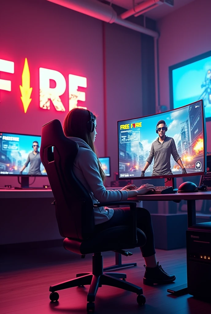 Create a 3D Gaming studio With 21 years girl is sitting on gaming chair and playing Free fire Background text on wall is "Arpita gaming27". 30k subscriber is showing on background