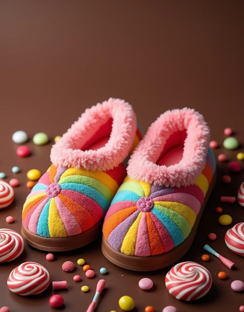 Picture of some candy slippers you can add lollipops and colored candies create some slippers with lots of candy if possible surround them with a little chocolate create an incredible background