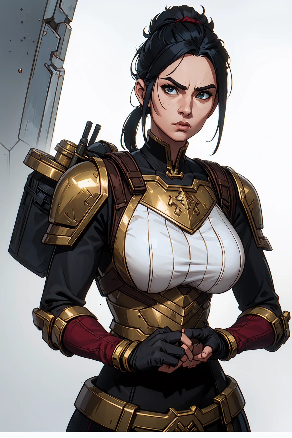 portrait of 1 brunette woman, battle stance, futuristic military gear, red eclipse background, futuristic, detailed, ( methurlant), (masterpiece, best quality:1.3), moth on eye, comic, intricate hairstyle, elegant hair,