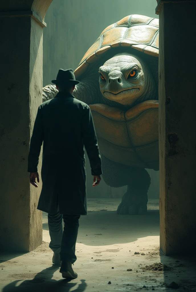 A person slips into the frame, and the turtle man wants to see the whole body.
