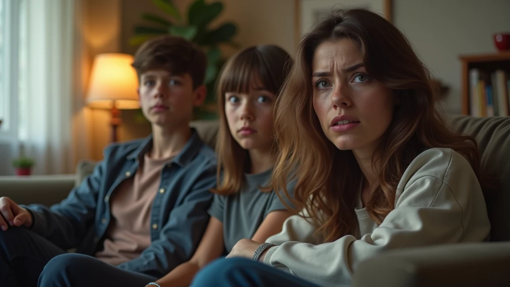 Ultra-realistic portrait of a family sitting in a living room, with expressions of worry and tension. The mother has light brown hair and expressive eyes, while the two s, a boy and a girl, show signs of frustration and fear. Everyone is dressed casually.
The family is sitting on a sofa in a living room, with elements such as a coffee table and a window in the background, but blurred so as not to distract from the main subjects.
The lighting should be soft and natural, with evening light coming from a lamp, creating subtle shadows that accentuate the family's expressions of concern. The light should highlight the eyes and the texture of the skin, emphasizing the seriousness of the situation.
The image should convey a sense of tension and concern, with a touch of vulnerability. Suggest a warm color palette, such as golds and browns, that complements the atmosphere of the evening.
The photo should be of high quality, with 8k rendering and extreme detail, capturing the emotional essence of the moment.