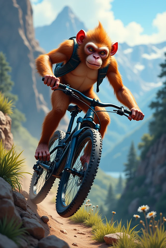 A monkey on a mountain bike