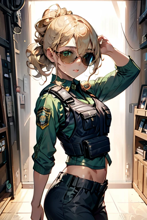 Female college student; Highly athletic and toned physique; Natural charm with delicate features; length, Her wavy blonde hair is often tied back.; Impressive green eyes; Lightly tanned fair skin; Highest quality; Soft blur background; Trending on Art Station; Complex volumetric lighting; Strong Shadows; Artistic lighting; dynamic; Energetic atmosphere; Realistic Skin; Specular Highlights; Micro Texture; Highly detailed hair; police uniform with length sleeves and bullet proof vest and holding up a pistol with her hand on the pistol grip; Aviator sunglasses over his eyes