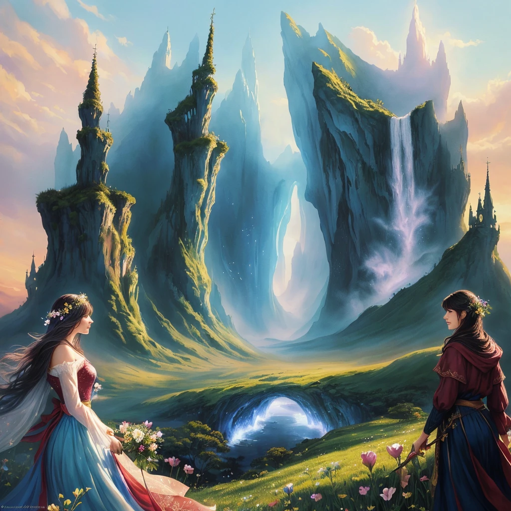 há muitas pessoas em pé num campo com flores, fantasia fairytale story, [[fantasia]], no estilo artístico de bowater, arte de conto de fadas, realistic fantasia illustration, fantasia art style, fantasia painterly style, beautiful fantasia art, romantic storybook fantasia, medieval fantasia art, inspirado em Magali Villeneuve, fantasia illustrations, very beautiful fantasia art