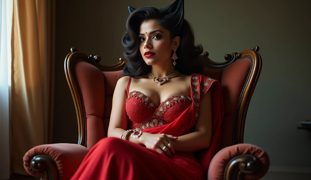 A full-body portrait of wolf cut hairstyle erotic hindu wife, sitting on chair, front facing, 4K, wide angle camera view, super realistic, huge breast, super big fake lips red lipstick super delicious body saree bra sexy body, full body