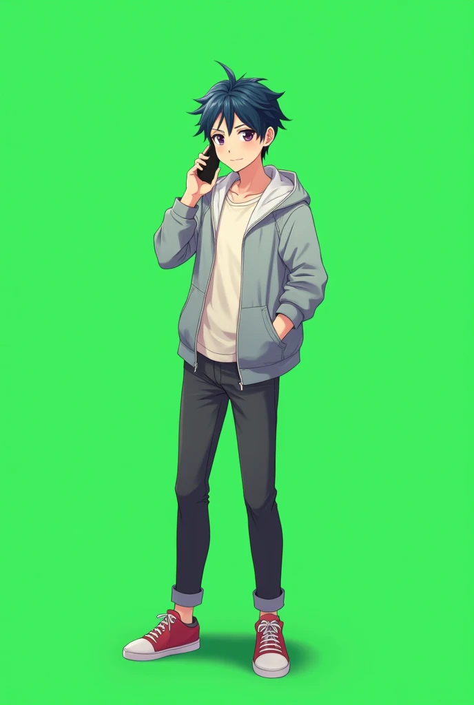 A anime character talking in phone. And make it green screen . Make it a male character 