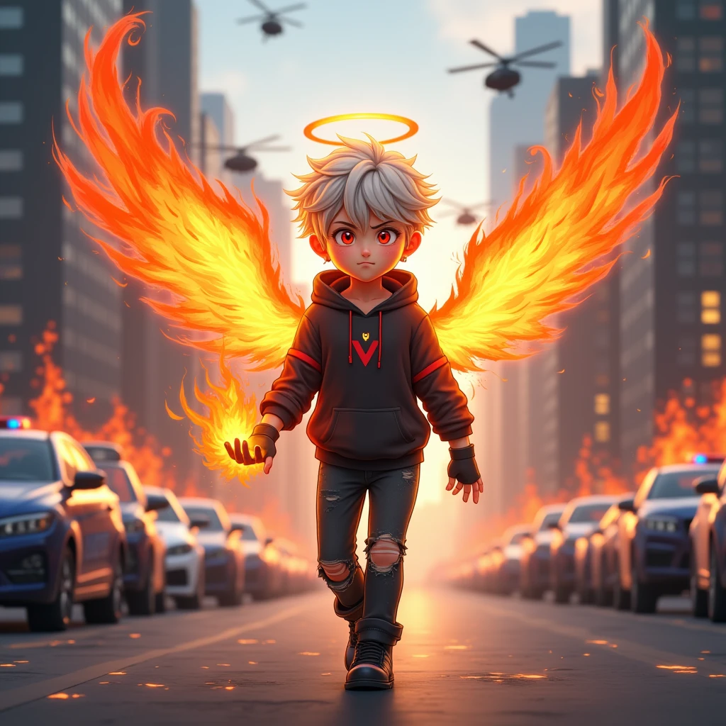 ((Hair: Grayish blonde, short-curly styled)), ((Appearance: Fair-Skinned boy, around 160cm's height, lean)), ((Eyes: Bright Scarlet-red)), ((Clothes: Black long-sleeved hoodie with red stripes)), ((Under clothes: Black ripped jeans and black boots)), ((Face: Cute, young ager of 16 years-old)), ((Action: Walking in the middle of the city's streets with fire comming from his hands)), ((Accessories: Black fingerless glove's)), ((Facial Expression: Angry, cute, soft blush)), ((City: Modern stiled)), ((Location: city, surrounded by police helicopters and cars, that are on fire)), ((Behind: A pair of flaming phoenix wings)), ((Top: A halo of light behind his head)), 
