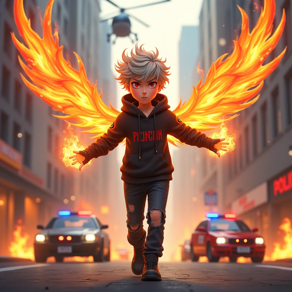 ((Hair: Grayish blonde, short-curly styled)), ((Appearance: Fair-Skinned boy, around 160cm's height, lean)), ((Eyes: Bright Scarlet-red)), ((Clothes: Black long-sleeved hoodie with red stripes)), ((Under clothes: Black ripped jeans and black boots)), ((Face: Cute, young teenager of 16 years-old)), ((Action: Walking in the middle of the city's streets with fire comming from his hands)), ((Accessories: Black fingerless glove's)), ((Facial Expression: Angry, cute, soft blush)), ((City: Modern stiled)), ((Location: city, surrounded by police helicopters and cars, that are on fire)), ((Behind: A pair of flaming phoenix wings)), ((Top: A halo of light behind his head)), 
