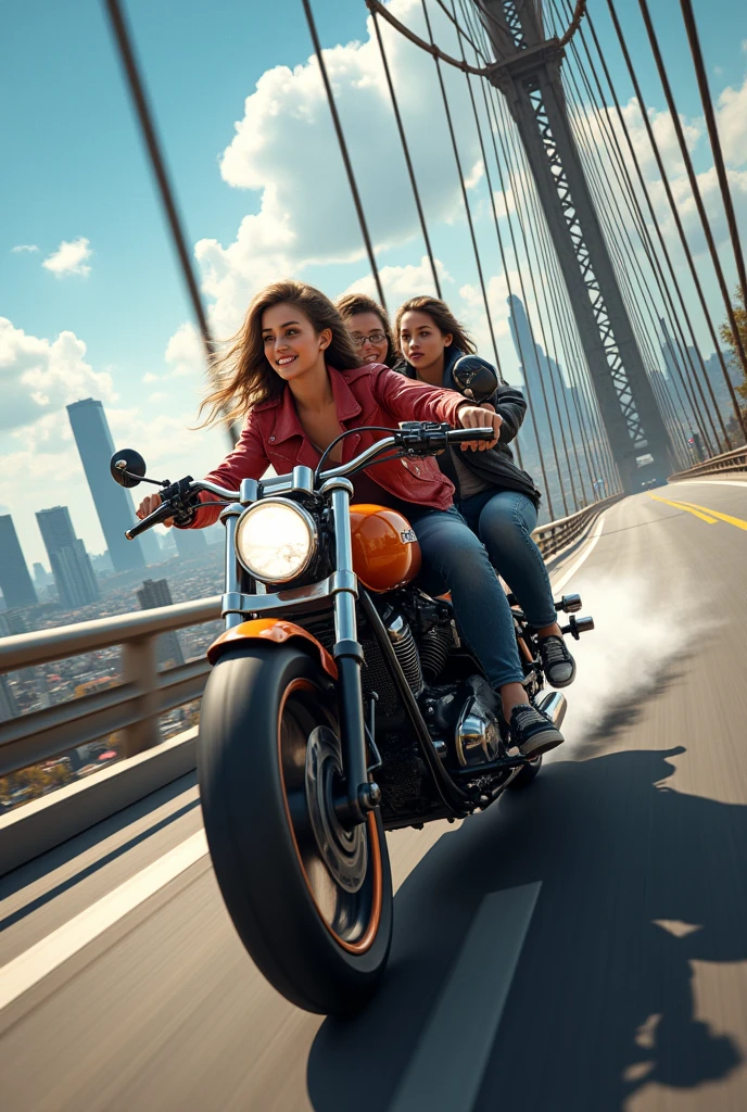Three female teenagers riding a motorbike on a bridge



