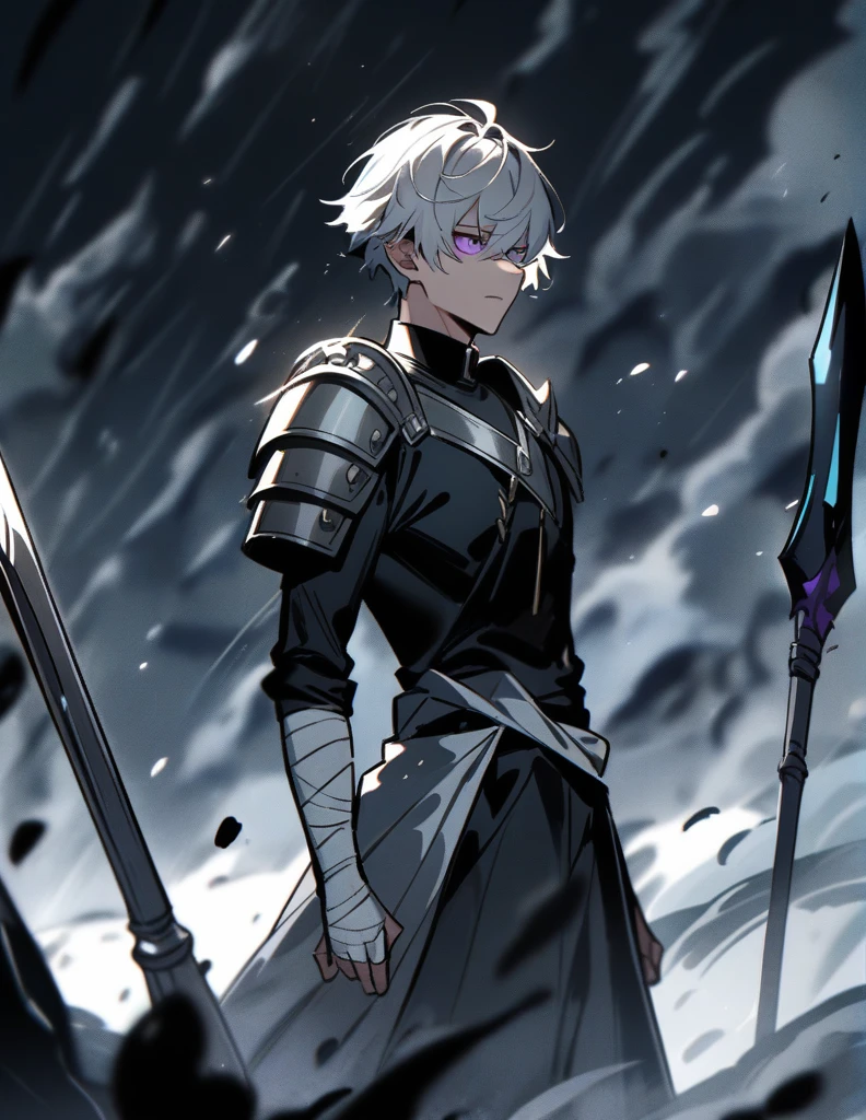 Greek boy with white hair, pixie style hair, violet eyes, right arm covered in bandages, equipped with a spear, wearing two silver shoulder pads and a black shirt, with his face covered in blood and standing in the middle of a storm, with an apathetic look,, asthetic, high quality