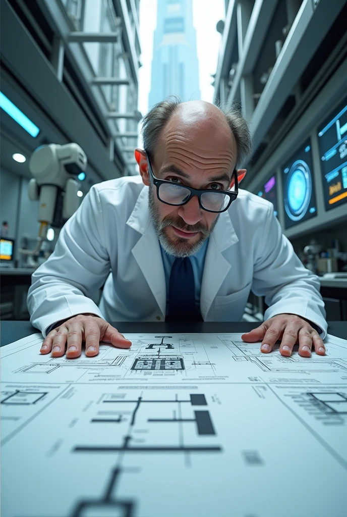 Realistic photo . A scientist in the lab with a lab coat and a very large head. Wearing glasses. Leaning over project blueprints. The style is futuristic industrial. The drawing shows a skyscraper building.