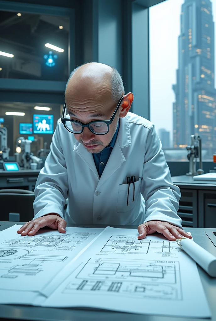 Realistic photo . A scientist in the lab with a lab coat and a very large head. Wearing glasses. Leaning over project blueprints. The style is futuristic industrial. The drawing shows a skyscraper building.