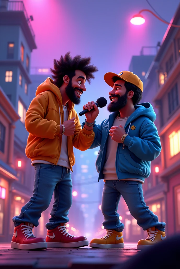 Create a person rapping with another rapper Disney Pixar style