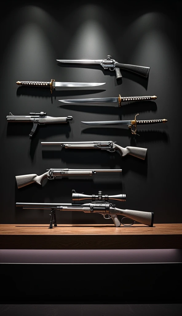 a wooden table of ash attached to a wall of color black with silver-colored guns of different sizes placed on it horizontally and vertically but in an order and samurai knives hanging on the wall, all in a color palette of silver, grey, and black, whole borders of image should to sparkles of grey shades , whole image should be in average light where the guns and knives should shine the image sholud realsiltic