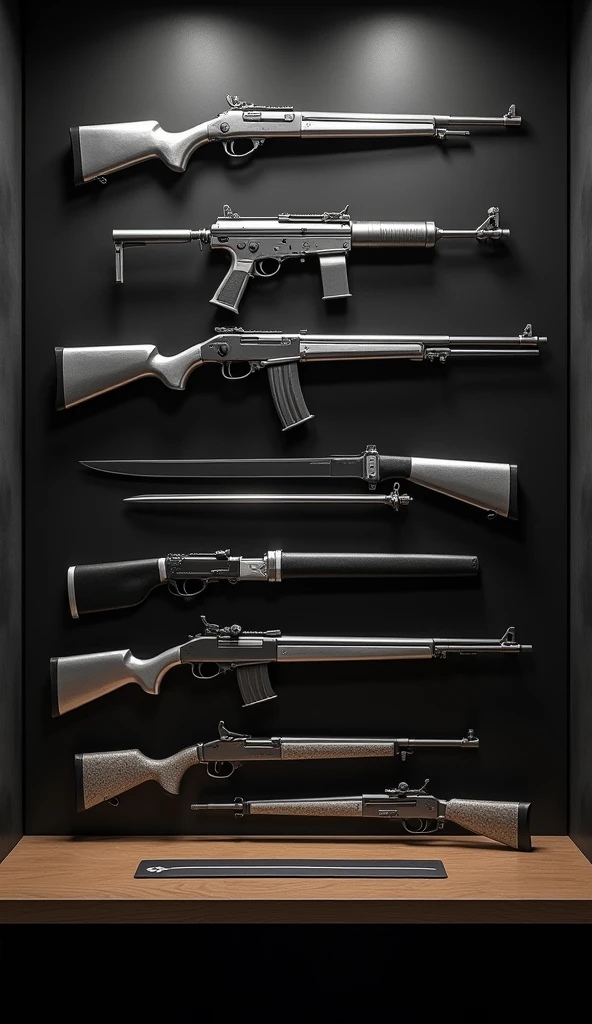 a wooden table of ash attached to a wall of color black with silver-colored guns of different sizes placed on it horizontally and vertically but in an order and samurai knives hanging on the wall, all in a color palette of silver, grey, and black, whole borders of image should to sparkles of grey shades , whole image should be in average light where the guns and knives should shine the image sholud realsiltic