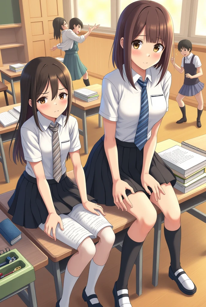 Two girls, classroom, they are sitting at school desk, There are test books, reading books, pencil cases and pens on top of their desk, girls look bored,  one is 2 centimeters shorter than the other, The short one has straight and dark brown hair. she has bangs, her eyes are brown, she is wearing a white shirt and a striped blue tie. She has a black skirt and white pantyhose. Her shoes are black The taller one has straight hair and is a lighter brown than the other one, She doesn't have bangs. her eyes are brown, wearing a white crop collar and a striped grey tie,  she has a black frilled skirt and knee-length black socks, her shoes are white. warm colors, male students fighting, female students dancing, 