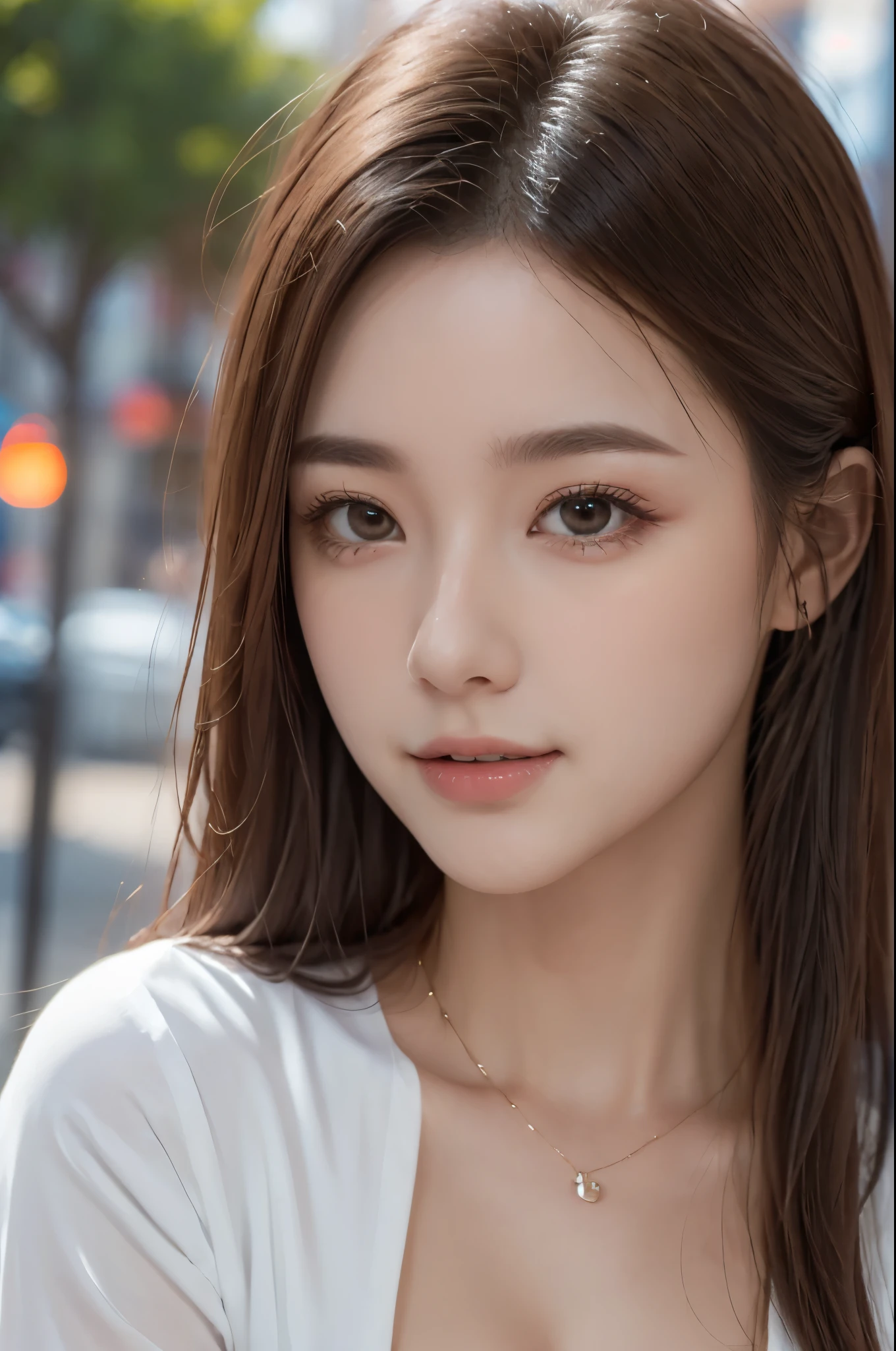 masterpiece, Highest quality, 8k, disorganized person, (Upper Body:1.4), White shirt, Beautiful girl, Beautiful face, Looking at the audience, smile, Ultra-realistic, High resolution, picture, The focus was clear, High resolution, Face Light, Dynamic Lighting, Cinema Lighting, Professional Shadow, Beautiful cityscape background, Best details, Very detailed, Super detailed, Finely detailed, Real Skin, Delicate facial features, Detailed face and eyes, Sharp pupils、Realistic students、Mid-chest、Cleavage