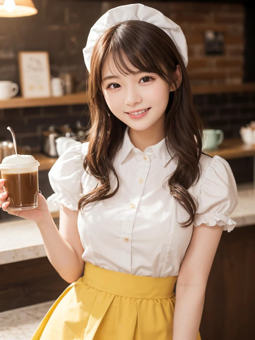 Highly detailed CG Unity 8k wallpaper, With the highest quality, super detailed, ​master piece, Realistic, photos realistic, extremely detailed cute girl, 25 years old , (Cute Maid Costume ),  Smile , Round eyes, Large breasts , valley, looking viewer, Half body shot , tatami mat , (Brewing tea) , braid