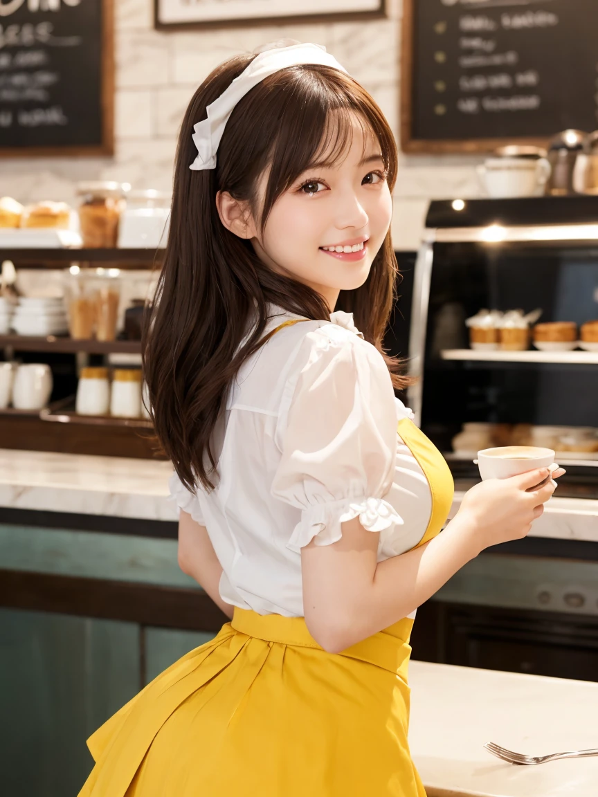 1 girl、(RAW Photos、Highest quality)、(Real、フォトReal:1.4)、Tabletop、Very delicate and beautiful、Very detailed、2k wallpaper、wonderful、Detailed、Very detailedCG Unity 8k壁紙、Super detailed、Age 25、(Yellow waitress outfit)、Pleated skirt、Frillsスカート、Big Breasts、Perfect Style、Frills、ribbon、Soft Light、Beautiful detailed girl、Bob Hair、Puff sleeves、Waitress in a café、smile、Happy Face、coffee shop、Coffee Drip