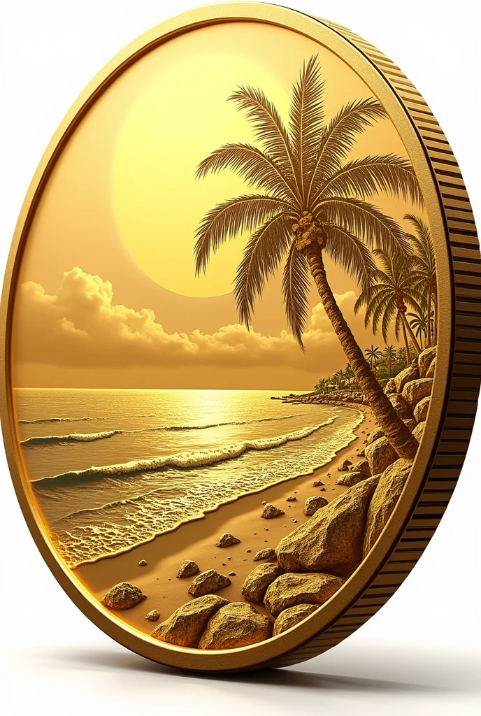 Gold coin with beach stamped on it
